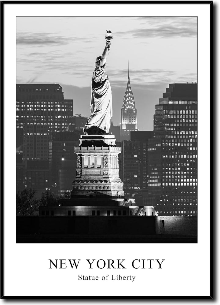 daazoo Rahmenbild Statue of Liberty & Chrysler Building | Wandbild mit Rahmen schwarz Hochformat | B