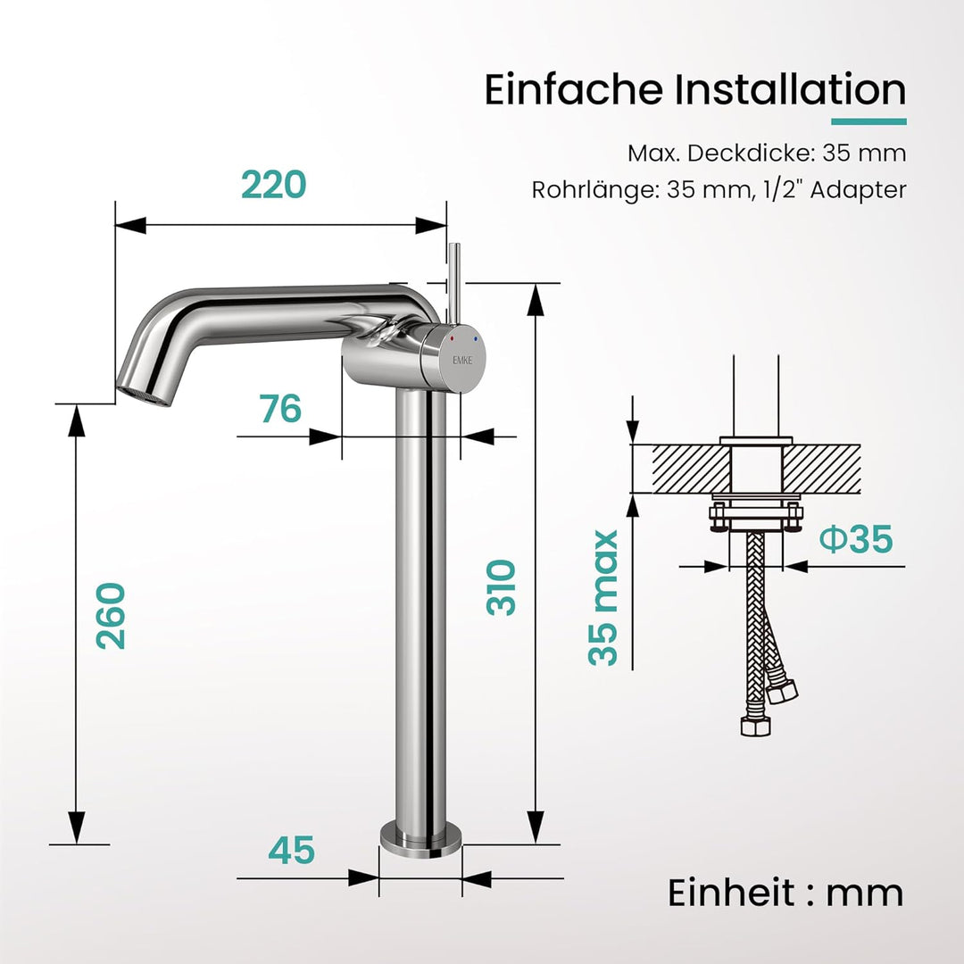 EMKE Wasserhahn Bad Chrom, 332 x 220 x 76 mm, Messing, Keramikkartusche, Badarmatur, Wasserhahn mit