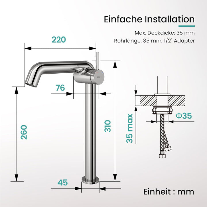 EMKE Wasserhahn Bad Chrom, 332 x 220 x 76 mm, Messing, Keramikkartusche, Badarmatur, Wasserhahn mit
