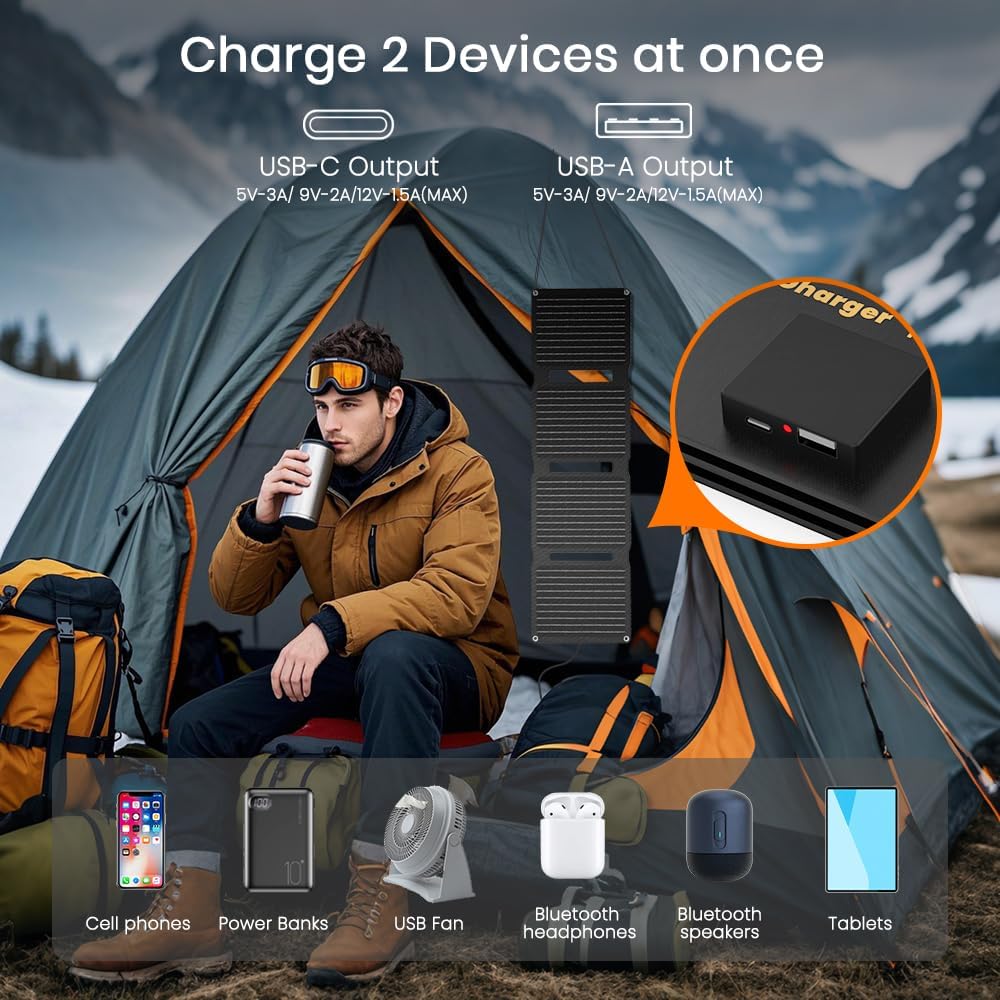 FlexSolar 30 W Solarpanel, faltbar, tragbar, Solar-Ladegerät, QC3.0, 18 W, USB-A, USB-C-Ausgang, IP6