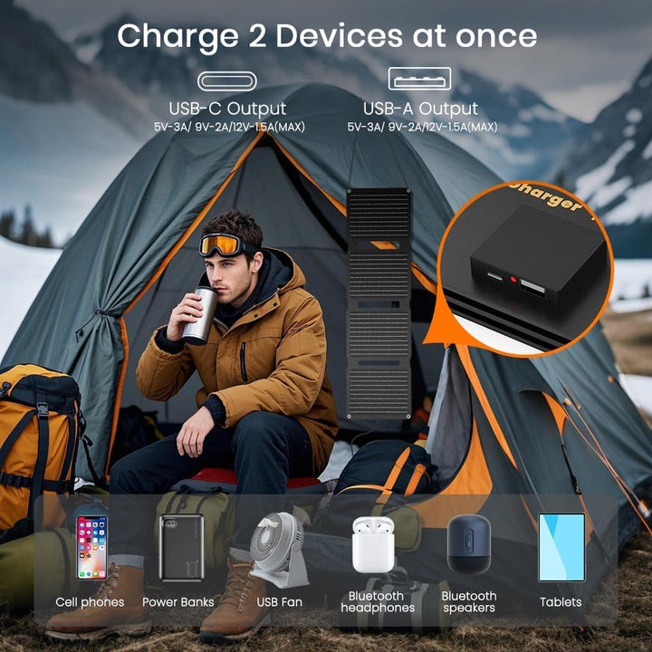 FlexSolar 30 W Solarpanel, faltbar, tragbar, Solar-Ladegerät, QC3.0, 18 W, USB-A, USB-C-Ausgang, IP6