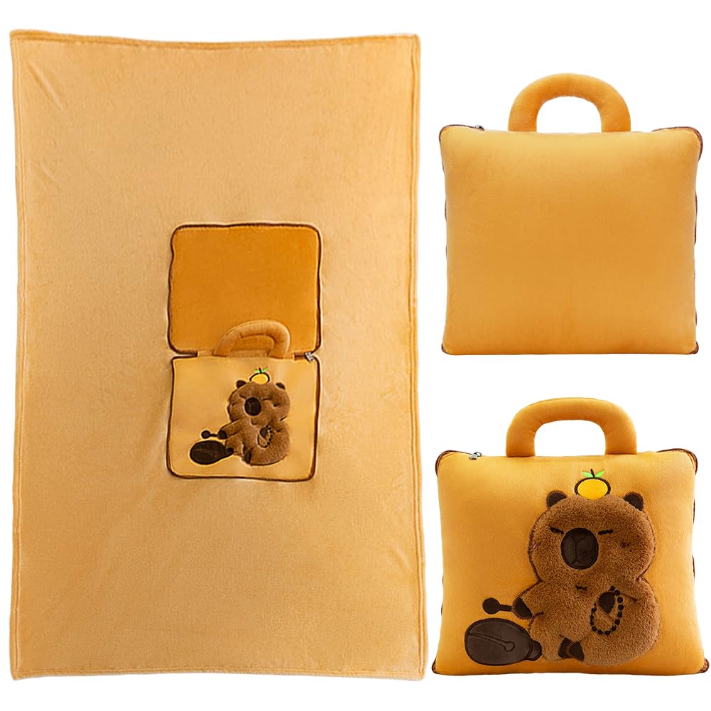 2-in-1 Capybara Decke und Kissen, 2-in-1 Kissendecke Plüsch Fleecedecke Warm Reisedecke, Tragbare Fl