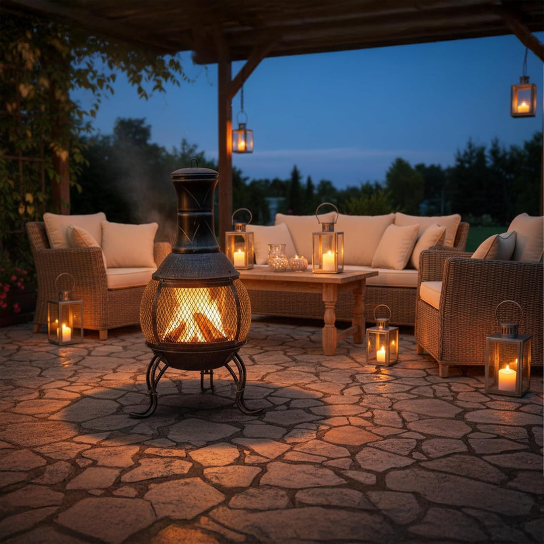 Relaxdays Aztekenofen, Schürhaken, Holzrost, Funkenschutzgitter, Garten, Terrasse, Antik Terrassenof