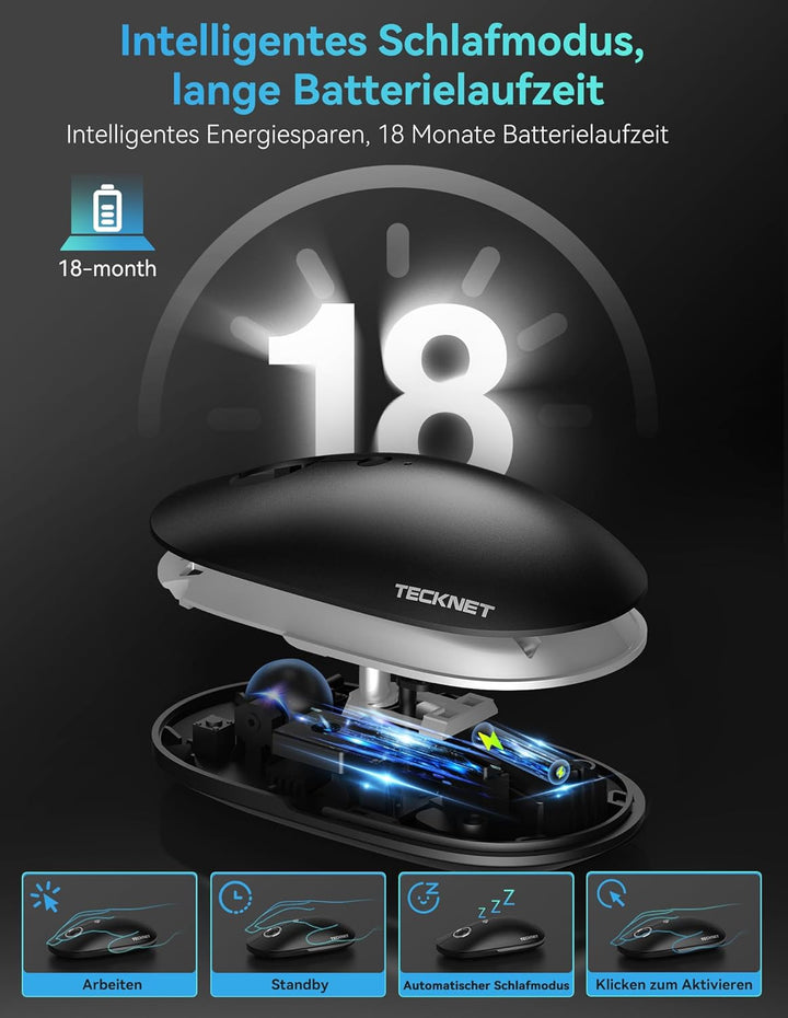 TECKNET Maus Kabellos, 2,4 GHz Funkmaus mit USB C Adapter, 4800 DPI Maus mit 5 DPI Einstellbar, Sile