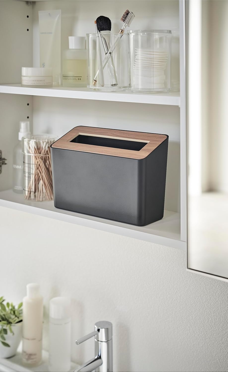 YAMAZAKI 5230 RIN Table Trash Can, black, ABS Resin/Wood, 22 x 9 x 15.5 cm Schwarz, Schwarz