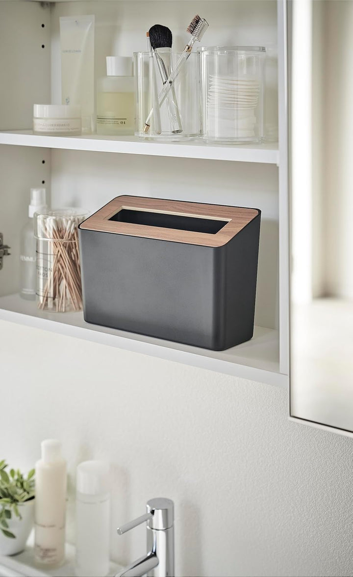 YAMAZAKI 5230 RIN Table Trash Can, black, ABS Resin/Wood, 22 x 9 x 15.5 cm Schwarz, Schwarz