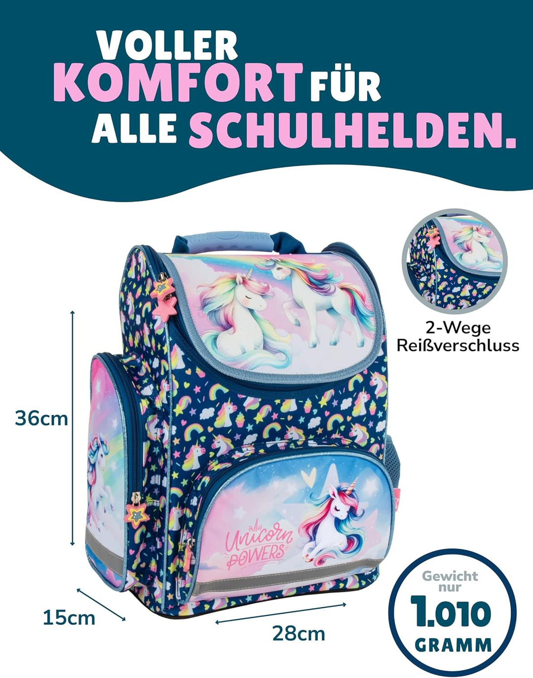 Familando Mädchen Schulranzen-Set Unicorn Einhorn Regenbogen, 8-teilig, ergonomischer Tornister mit