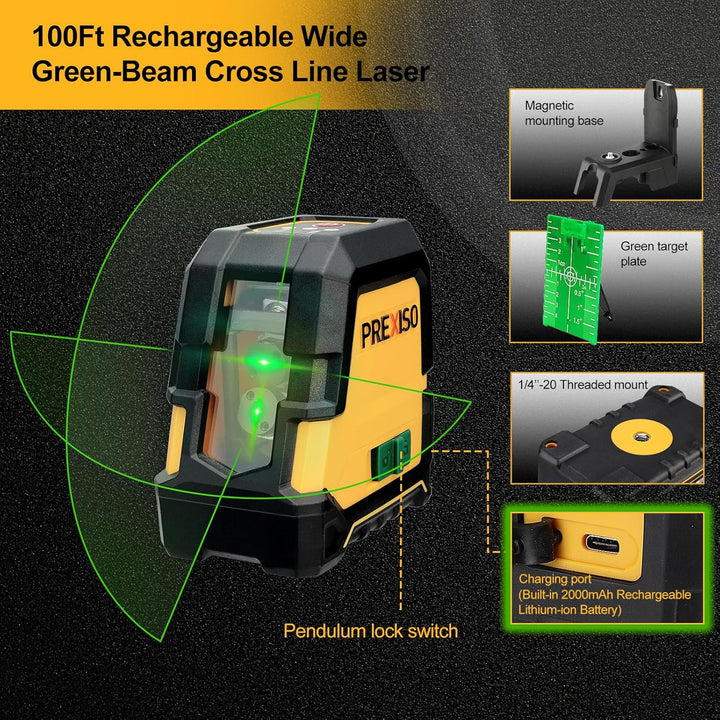 PREXISO Kreuzlinienlaser Grün 30m, Selbstnivellierend Linienlaser mit Dualem Lasermodul, mit Magneth