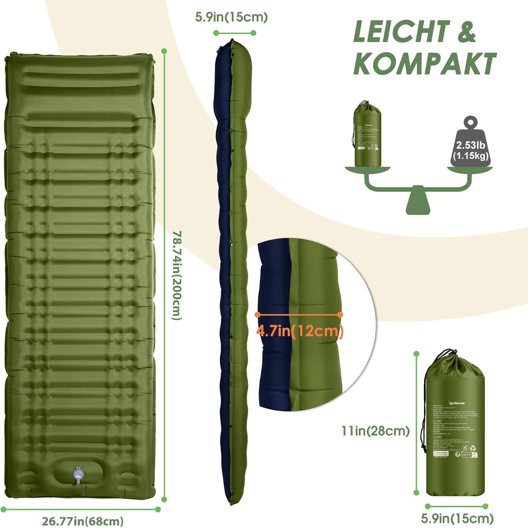 Isomatte, 12CM Dicke Luftmatratze Camping mit Fusspresse Pumpe und Kissen, Anti-Ripstop Tragbar Schl
