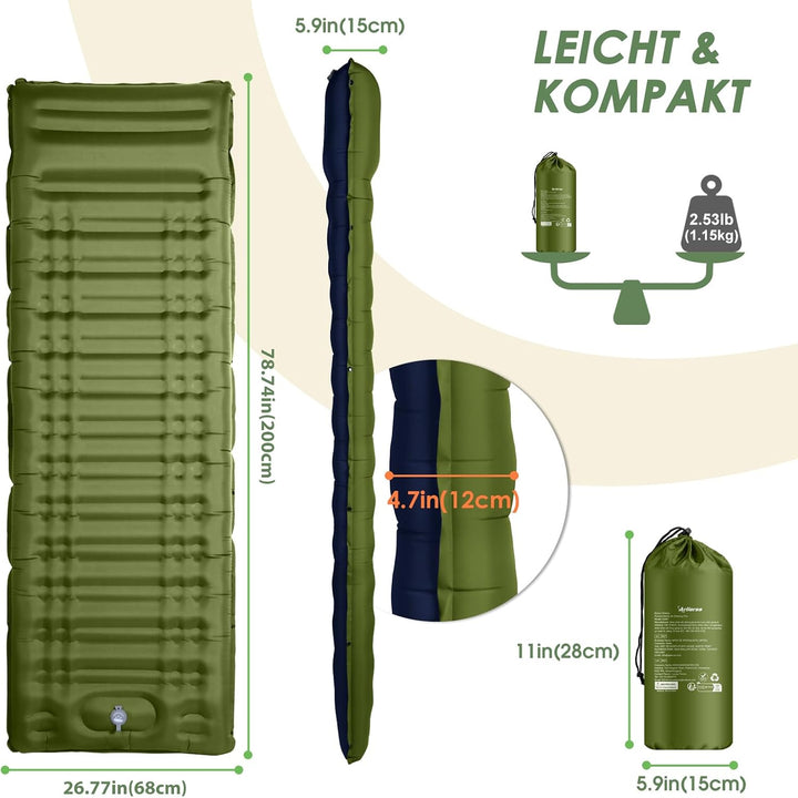 Isomatte, 12CM Dicke Luftmatratze Camping mit Fusspresse Pumpe und Kissen, Anti-Ripstop Tragbar Schl