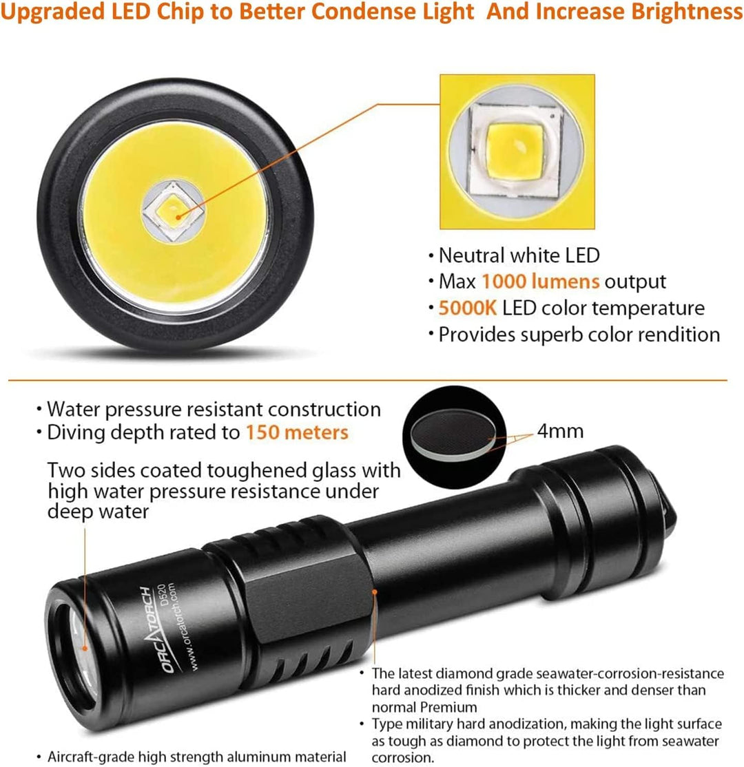 ORCATORCH D520 Tauchlampe 1000 Lumen Tauchen Taschenlampe Mechanische Kopfdrehung EIN/AUS LED Tauche