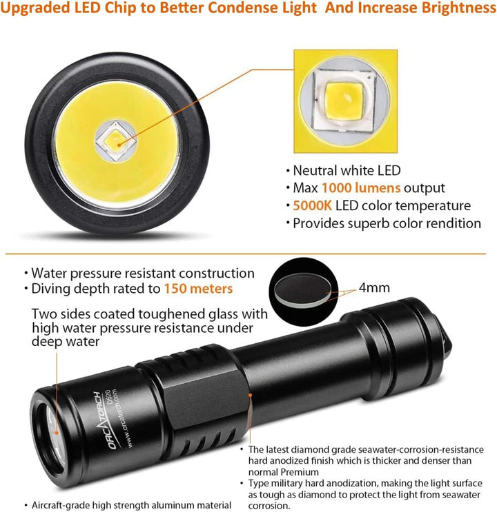 ORCATORCH D520 Tauchlampe 1000 Lumen Tauchen Taschenlampe Mechanische Kopfdrehung EIN/AUS LED Tauche
