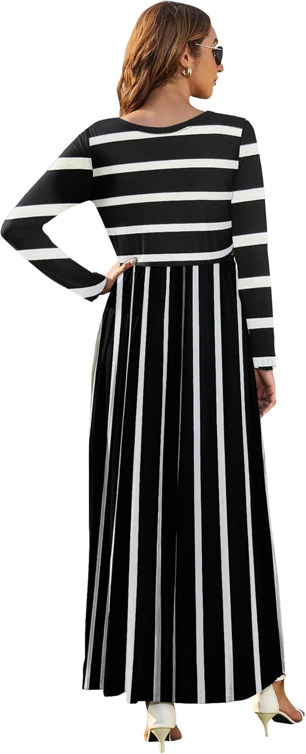 AUSELILY Damen Langarm Maxikleider Lässige Langkleider mit Taschen… XL Schwarze Weisse Streifen, XL
