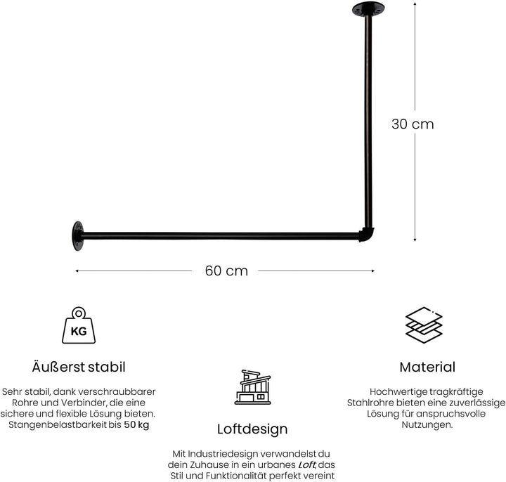 Kleiderstange Garderobe Industrie Design für Ecke Wand Decke L-Form | Breite 60 cm x Höhe 30 cm | Ga