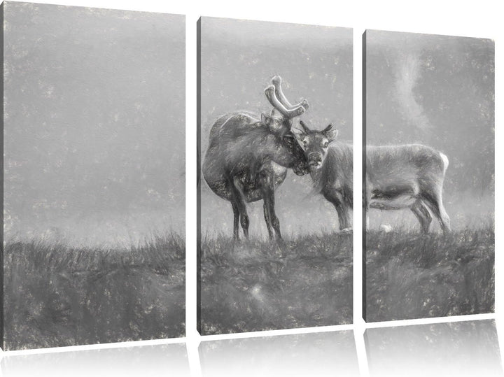 Pixxprint Rentiere die miteinander schmusen Kunst Kohle Effekt 3-Teiler Leinwandbild 120x80 Bild auf