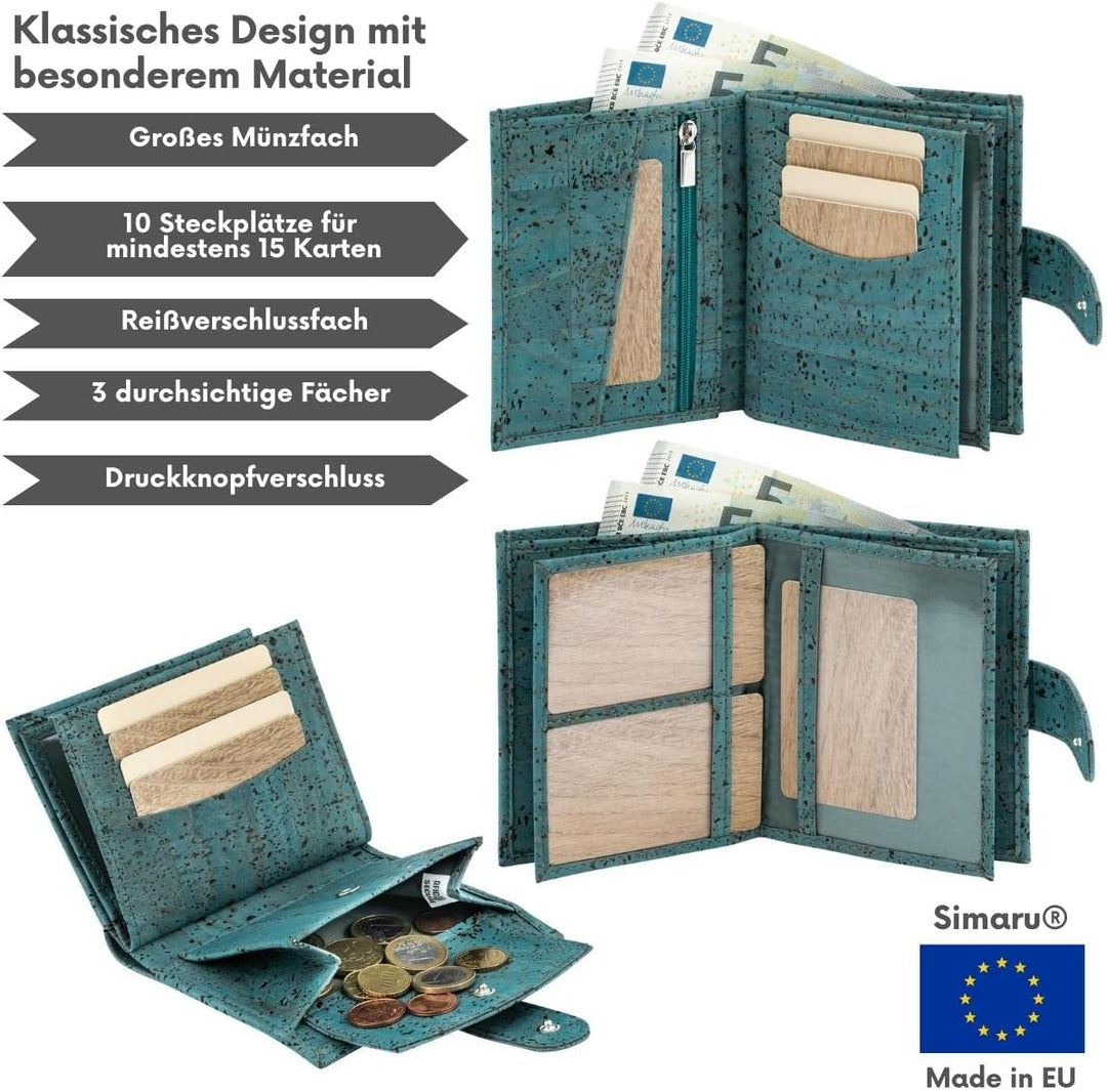 Simaru Damen Geldbörse aus Kork mit RFID-Schutz, Veganes Portemonnaie für 10+ Karten, Scheine & Münz