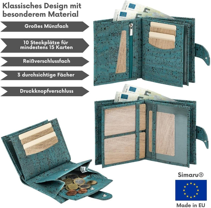 Simaru Damen Geldbörse aus Kork mit RFID-Schutz, Veganes Portemonnaie für 10+ Karten, Scheine & Münz