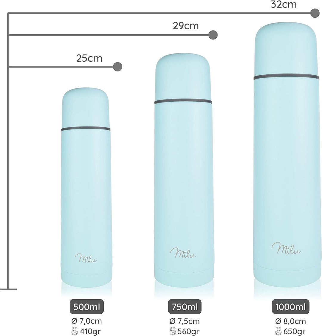 Milu Thermosflasche Thermoskanne Isolierflasche 1L, 750ml, 500ml - Isolierte Edelstahl Trinkflasche,