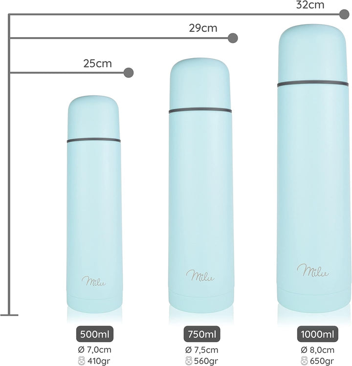 Milu Thermosflasche Thermoskanne Isolierflasche 1L, 750ml, 500ml - Isolierte Edelstahl Trinkflasche,