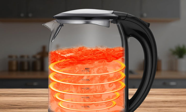 ELECTO Elektrischer Glaswasserkocher 1,7 L – 1800 W – LED-Beleuchtung – Edelstahlboden – Automatisch