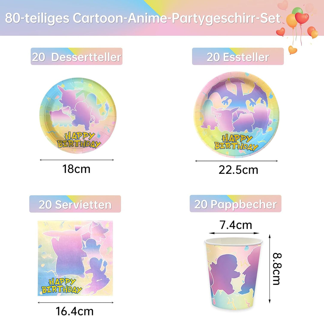 Partygeschirr Set, 80 Stück Pappgeschirr mit Pappteller Pappbecher Servietten für 20 Gäste, Bunte Ca