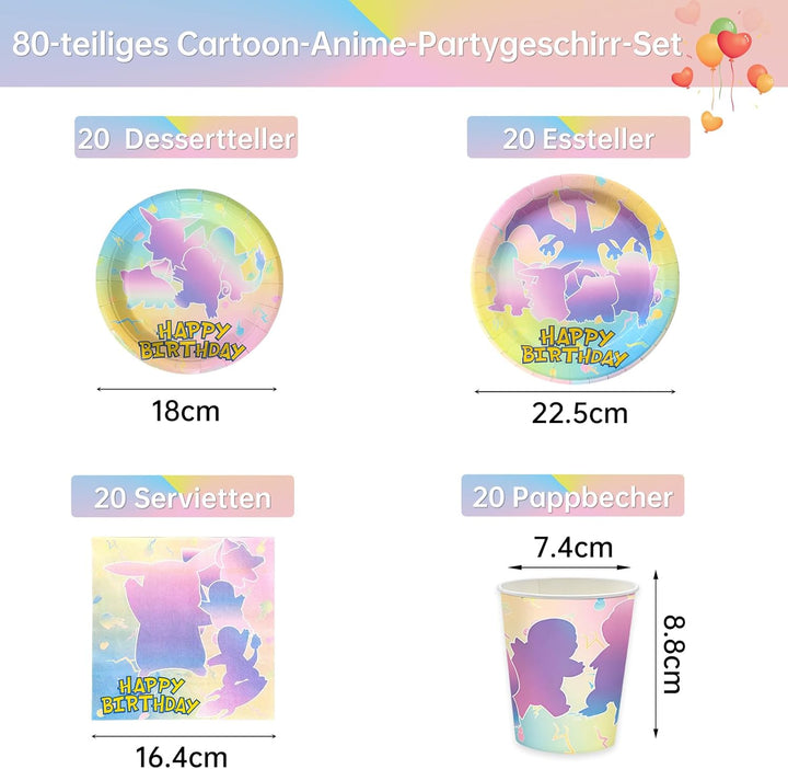 Partygeschirr Set, 80 Stück Pappgeschirr mit Pappteller Pappbecher Servietten für 20 Gäste, Bunte Ca