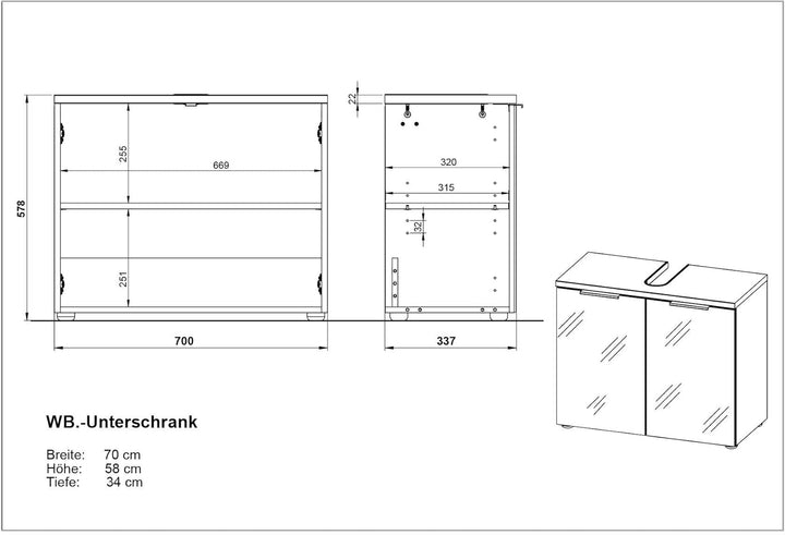 Germania WB-Unterschrank 2752-513 GW-Pescara in Weiss/Navarra-Eiche-Nachbildung, mit Glasfronten, 70