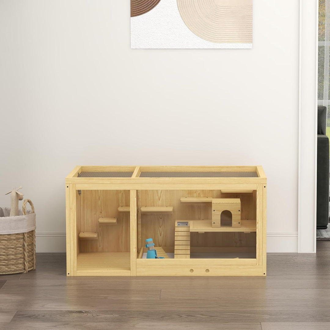 PawHut Hamsterkäfig aus Holz, 100 cm Kleintierstall, Kleintierkäfig Spielhaus für Gerbils Nagerkäfig