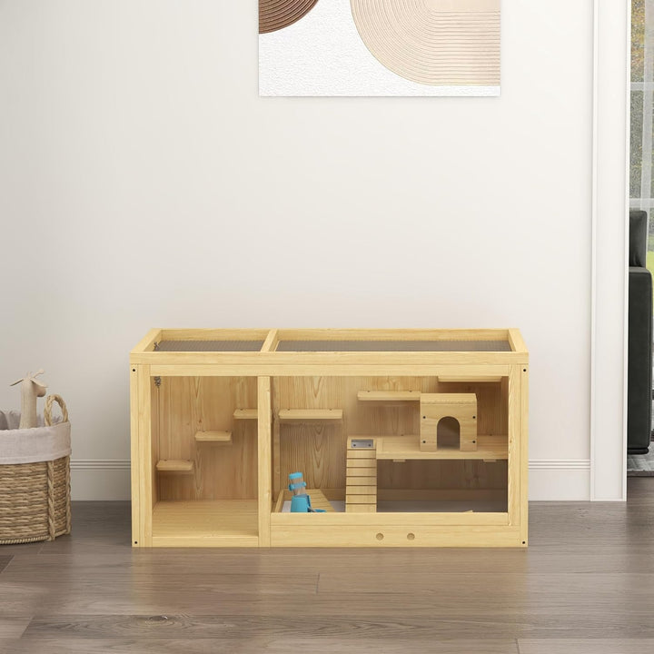 PawHut Hamsterkäfig aus Holz, 100 cm Kleintierstall, Kleintierkäfig Spielhaus für Gerbils Nagerkäfig