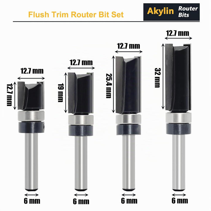 4 Stück Bündigfräser 6 mm Schaft, Kopierfräser für Oberfräse, Bündigfräser mit anlaufring oben Set H