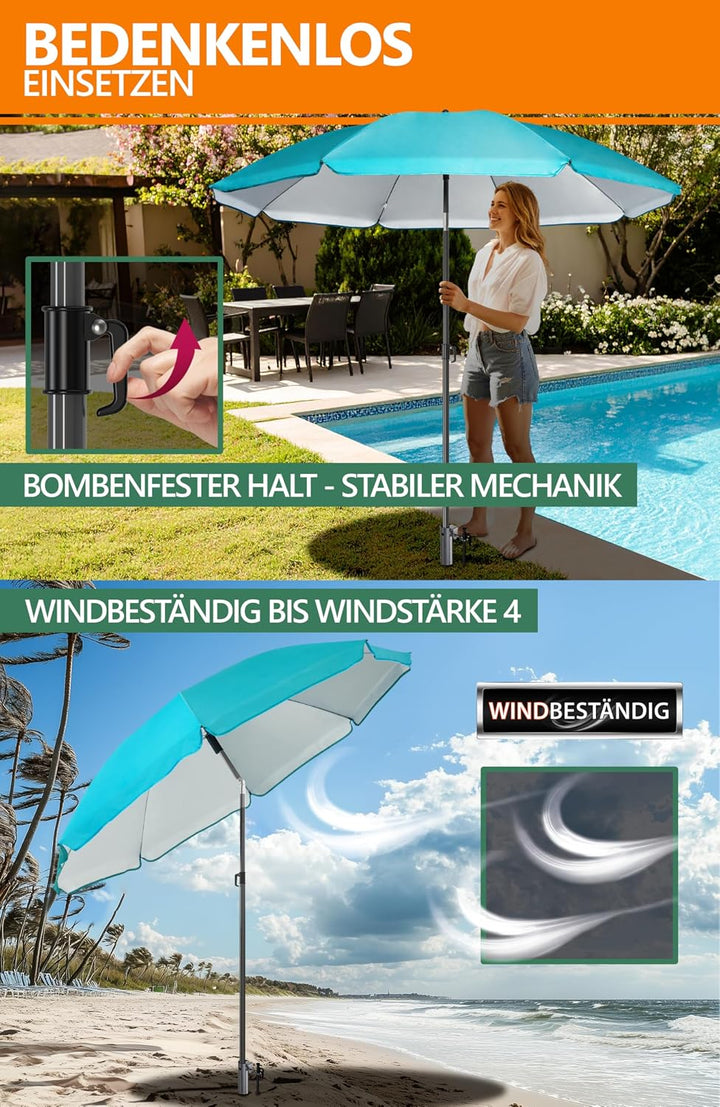 4smile Sonnenschirm Strand 200 cm 3-IN-1-SET, Strandschirm windfest stabil + Schutzhülle + Eindrehbo