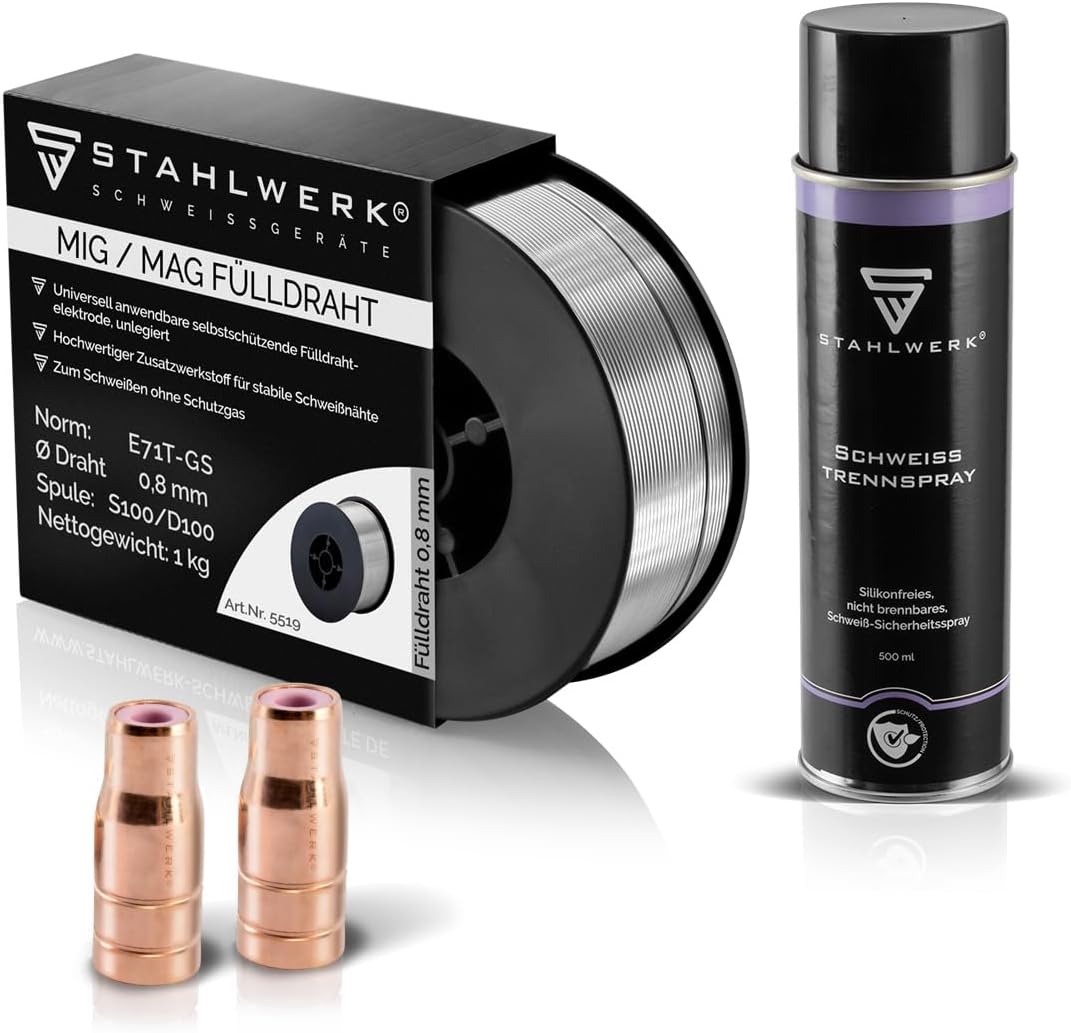STAHLWERK Set Fülldrahtdüse 2er Pack + Fülldraht 1 kg 0,8 mm + STAHLWERK Schweiss-Trennspray