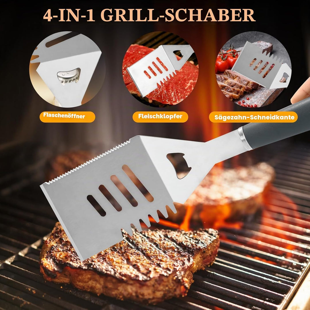 Premium Grillzubehör Set 10-teilig Edelstahl Rostfrei - Grillwerkzeug Set mit Spatel, Grillzange, Fl