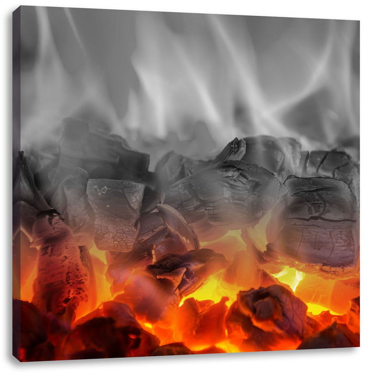 Pixxprint brennende Holzkohle in Kamin schwarz/weiss, Format: 70x70 auf Leinwand, 70x70