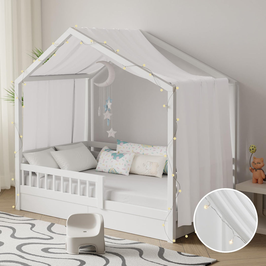 Hausbett Himmel mit Lichterkette 1 Stück Deko Baldachin Hausbett Vorhang,Betthimmel Musselin Stoffhi