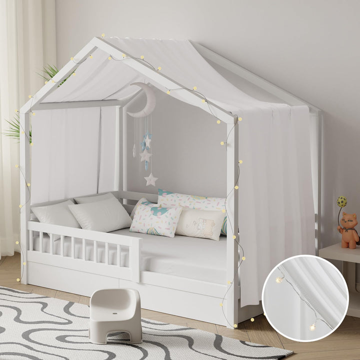 Hausbett Himmel mit Lichterkette 1 Stück Deko Baldachin Hausbett Vorhang,Betthimmel Musselin Stoffhi