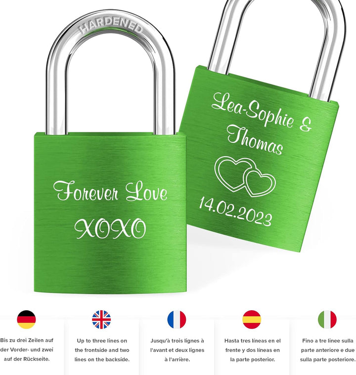 LIEBESSCHLOSS-FACTORY Liebes-Schloss Grün mit Gravur und Schlüssel, gratis Geschenkbox uvm. Jetzt gr