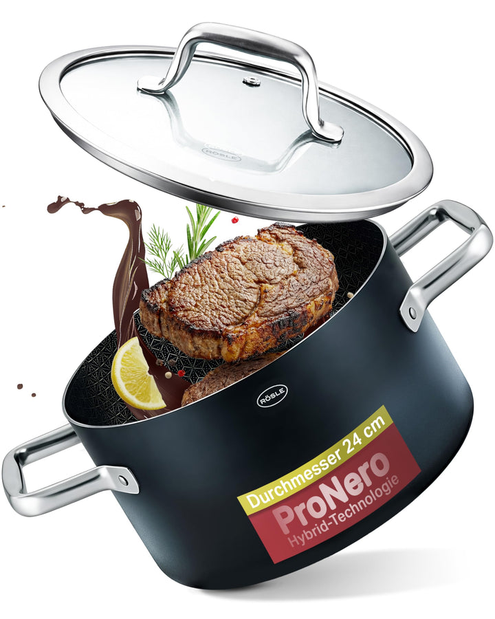 RÖSLE EBONIC Topf 24 cm mit Deckel – Kochtopf 24cm Induktion – ProNero Keramik Antihaftbeschichtung