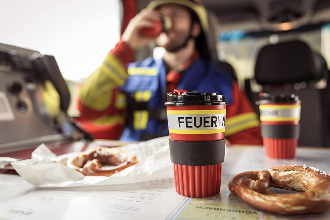 PACOTEX FEUERWEHR To-Go Coffee Becher rot mit gelb-silber-gelb Streifen in Feuerwehroptik, 350ml, mi