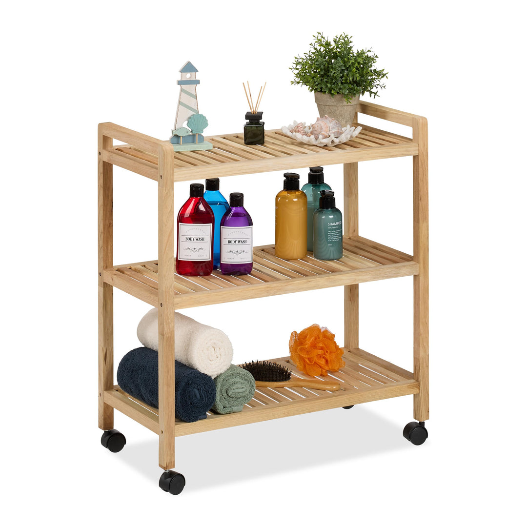 Relaxdays Badregal, Holz, HxBxT: 72 x 65 x 31 cm, Holzregal mit Rollen, 3 Ablagen, Regal für Badezim