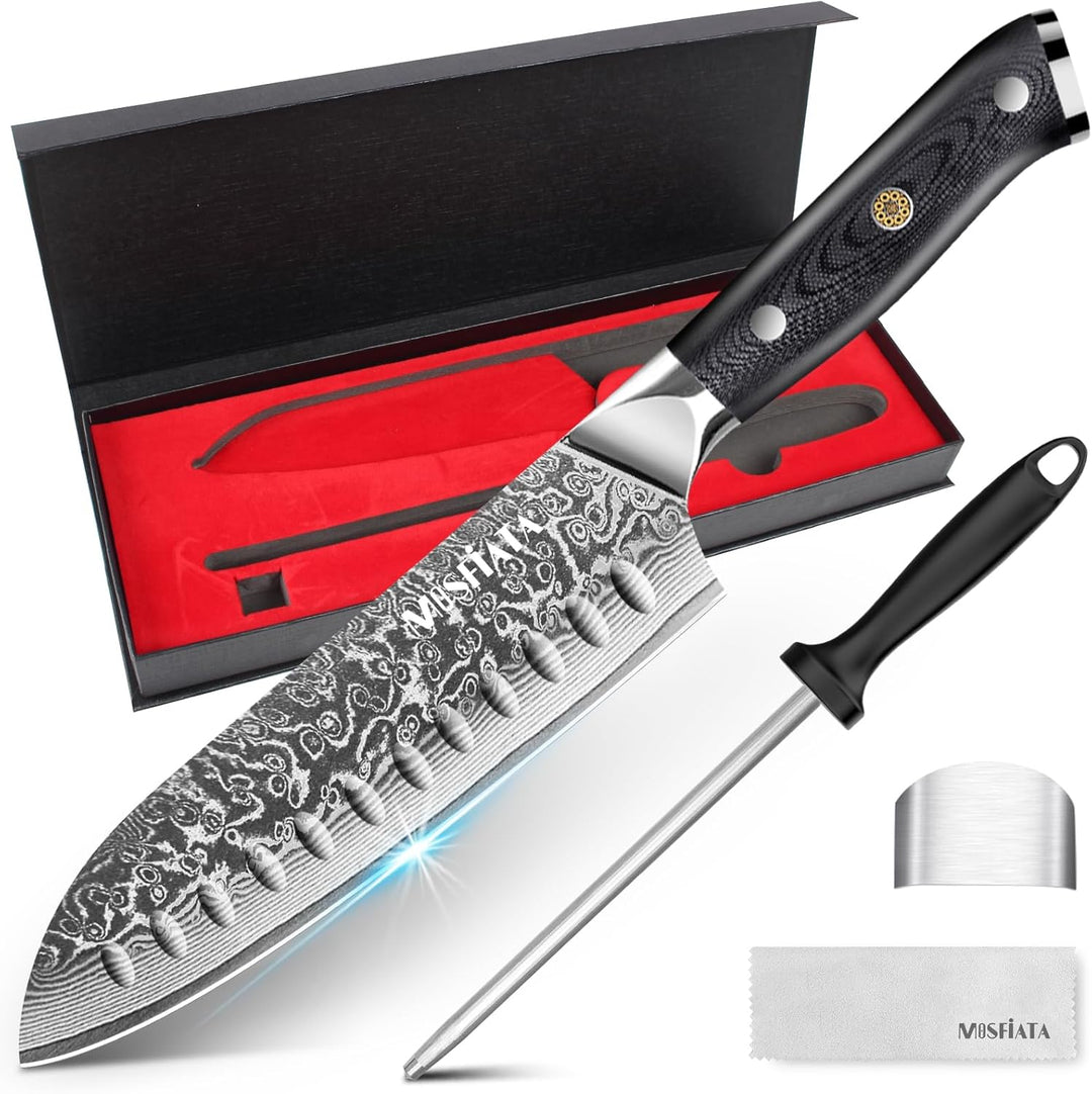 MOSFiATA Damast Santokumesser 7 Zoll, Damastmesser Küchenmesser Damaststahl Japanisches Messer Schar