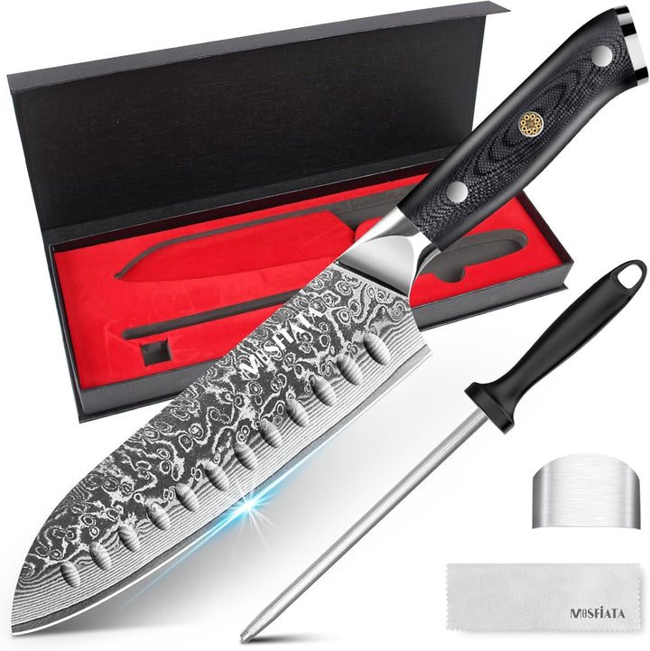 MOSFiATA Damast Santokumesser 7 Zoll, Damastmesser Küchenmesser Damaststahl Japanisches Messer Schar
