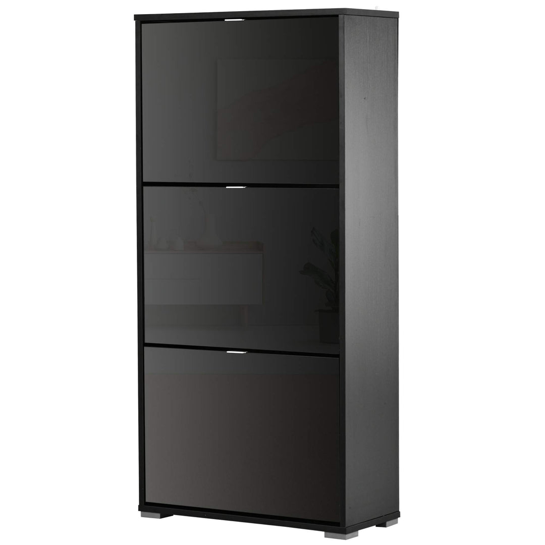 HOMCOM 3-türiger Klapp-Schuhschrank 60x26x124 cm schwarz lackiert | Schuhschrank, 3 Fächer, MDF.