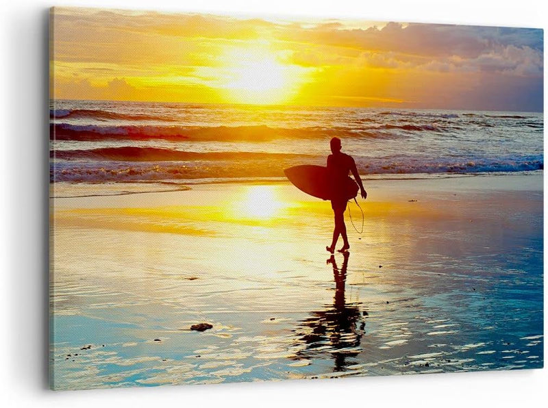 Bilder auf Leinwand 100x70cm Leinwandbild Surfer sonnenuntergang ozean brett Gross Wanddeko Bild Sch