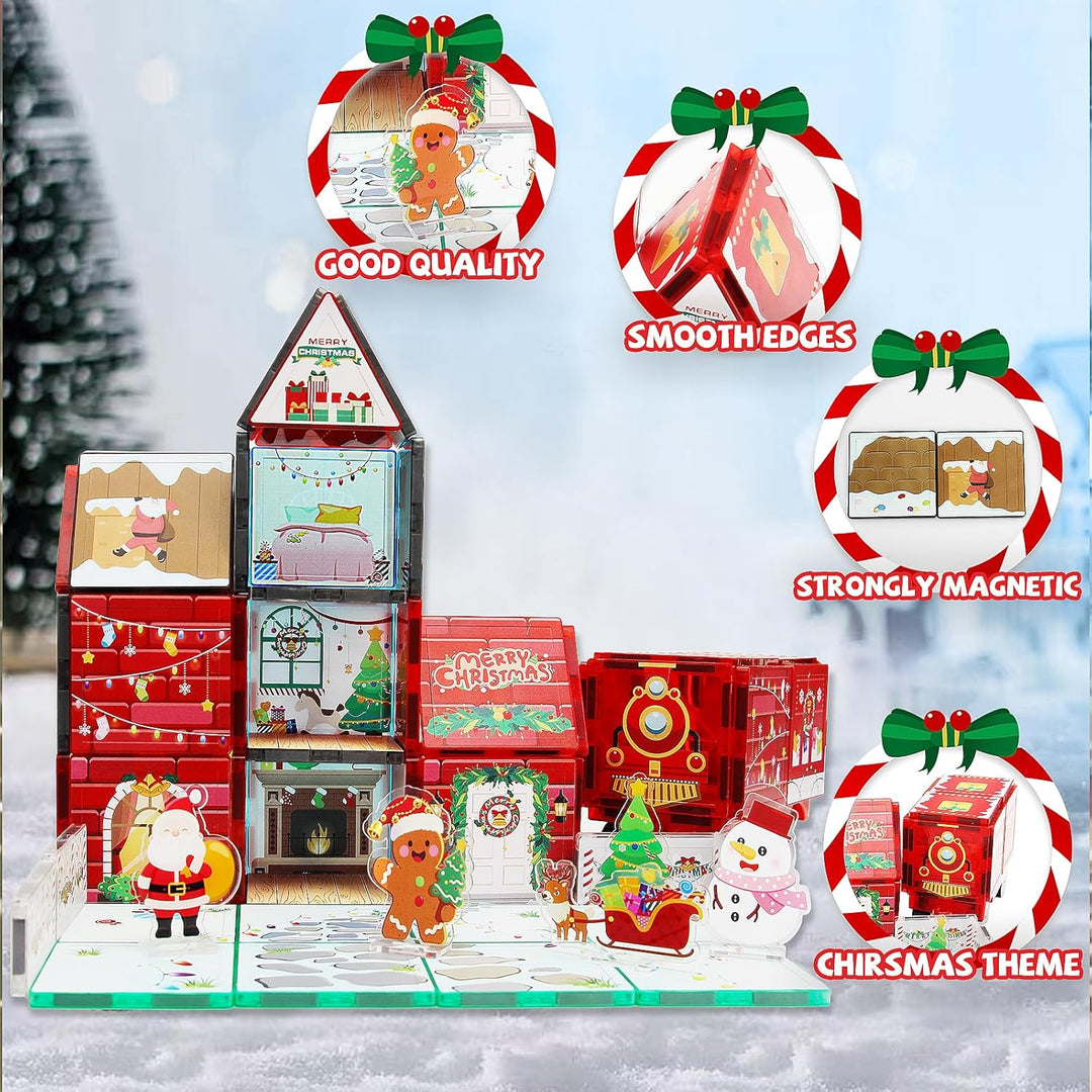 MAYAPHILOS 55 Teile Weihnachten Magnetische Bausteine mit 1 Auto, 5 Weihnachtsfiguren und 1 Aufbewah