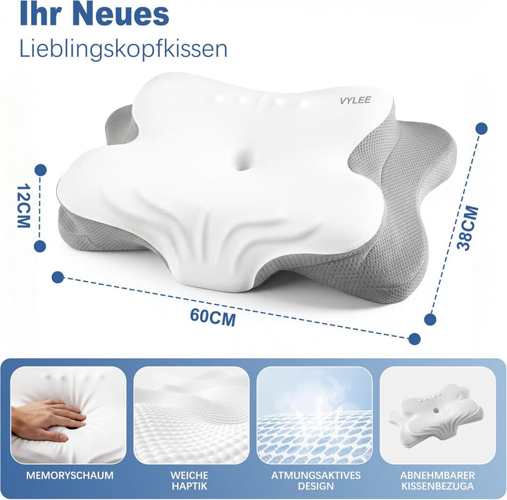 VYLEE Ergonomisches Nackenkissen Memory Foam Kopfkissen für Rücken-, Seiten- und Bauchschläfer, Schl