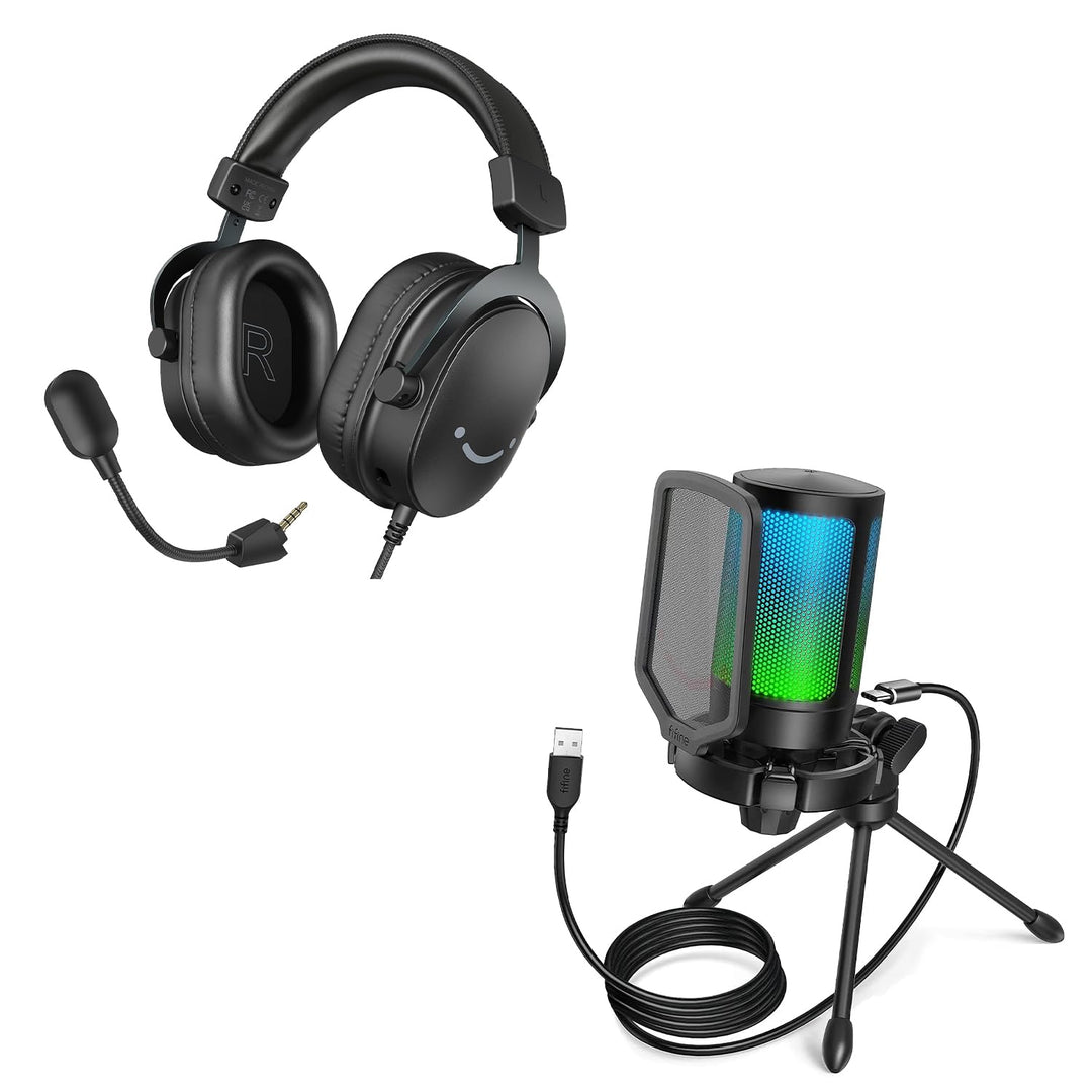 FIFINE Gaming Headset und USB Mikrofon, PC Microphone mit Mikrofon Ständer und Over Ear Kopfhörer mi