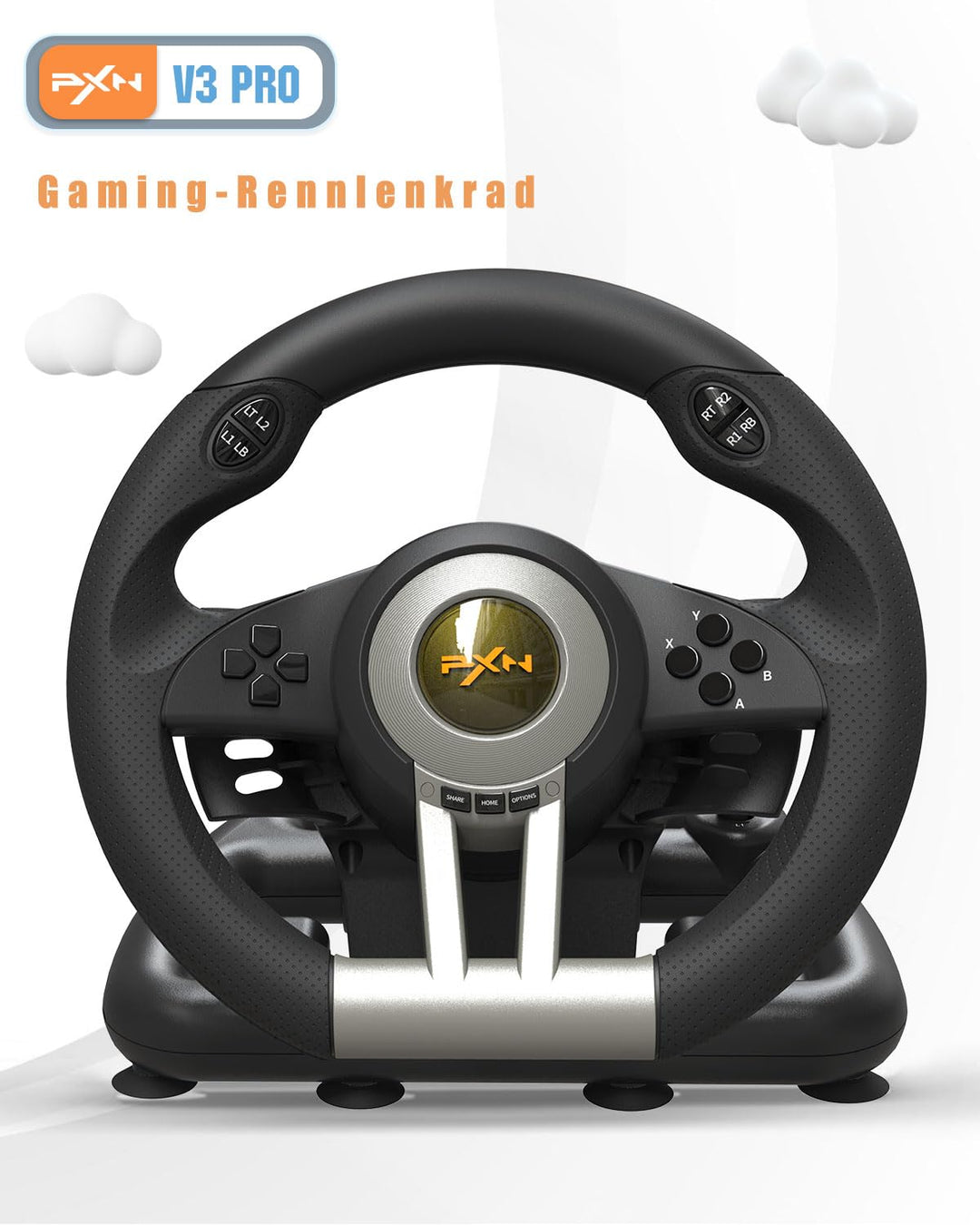 PXN V3 Pro Gaming Lenkrad mit Pedalen - 180°, Vibrationsfeedback, Integrierter Schalthebel, Paddle S
