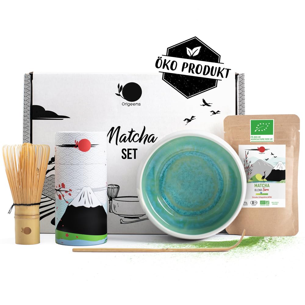 Origeens MATCHA TEE SET mit Matcha Besen, Matcha Schale aus Keramik, BIO Matcha Tee aus Japan | Hand