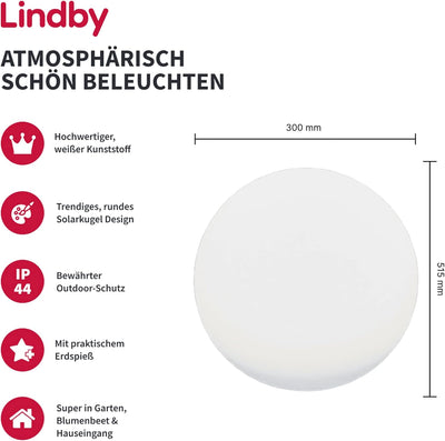 Lindby LED Solarkugel aussen 30cm, mit Erdspiess, Solarlampe LED Leuchtmittel Solarleuchte Garten, G